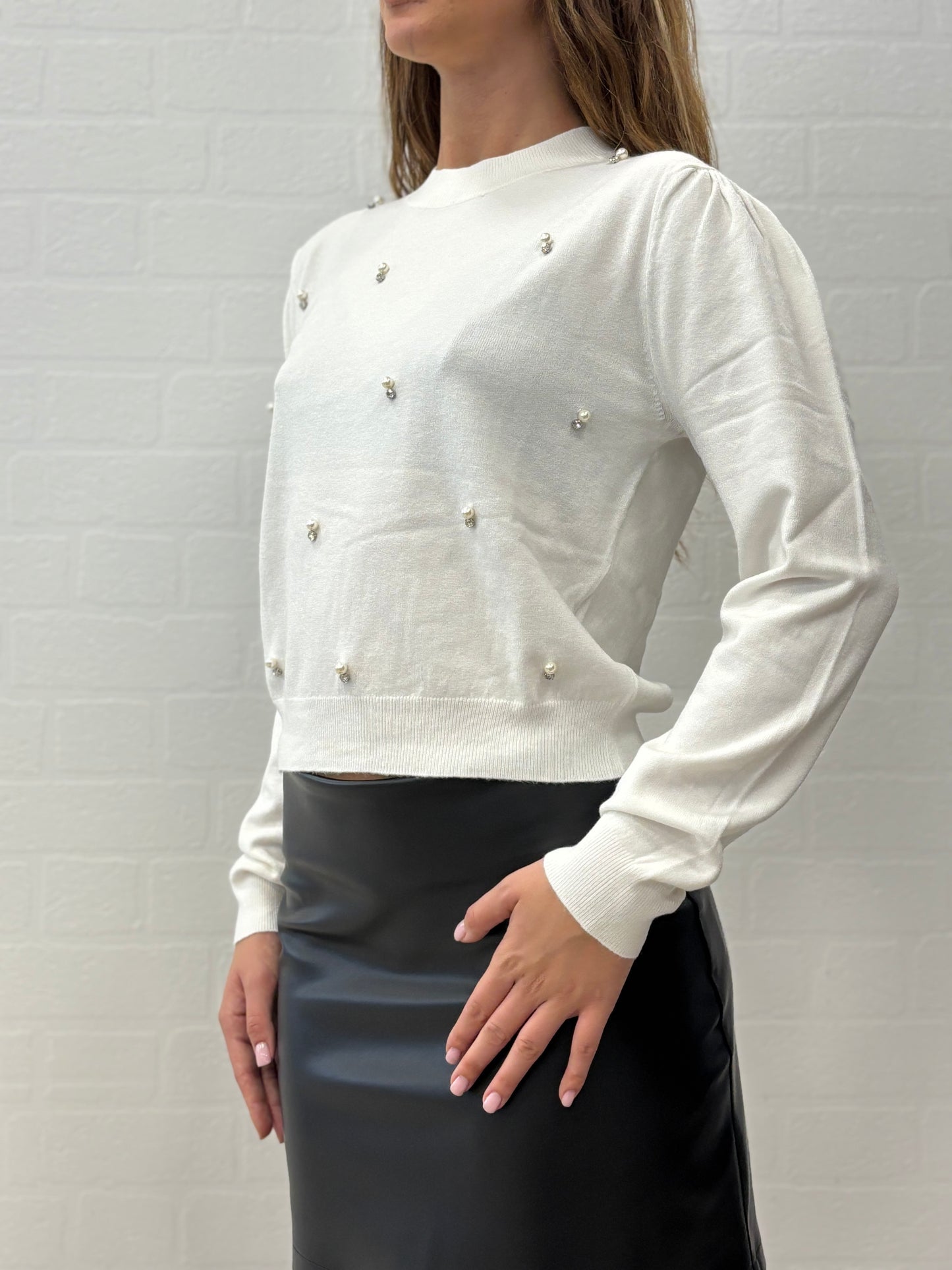 Griffai Maglia ml sbuffo con perle e strass PANNA