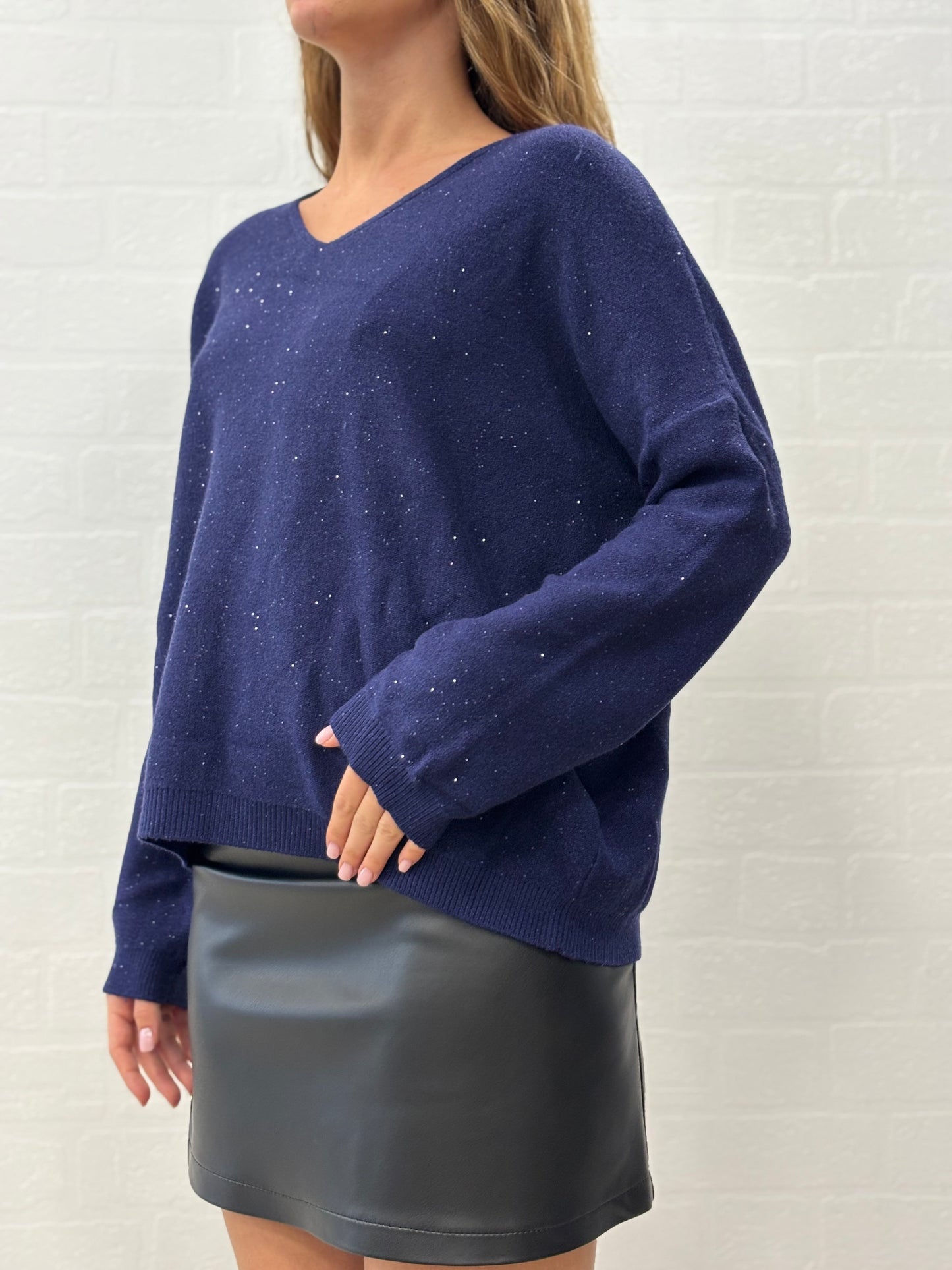 Griffai Maglia over con paillettes argento collo V BLU