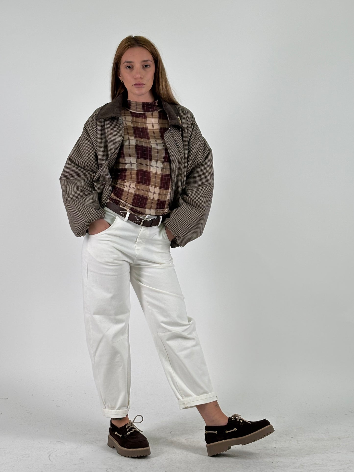 Haveone Maglia ml con collo a scacchi BEIGE/BORDEAUX