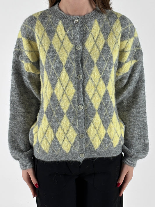 Susy Mix cardigan rombi bottone gioiello GIALLO-GRIGIO