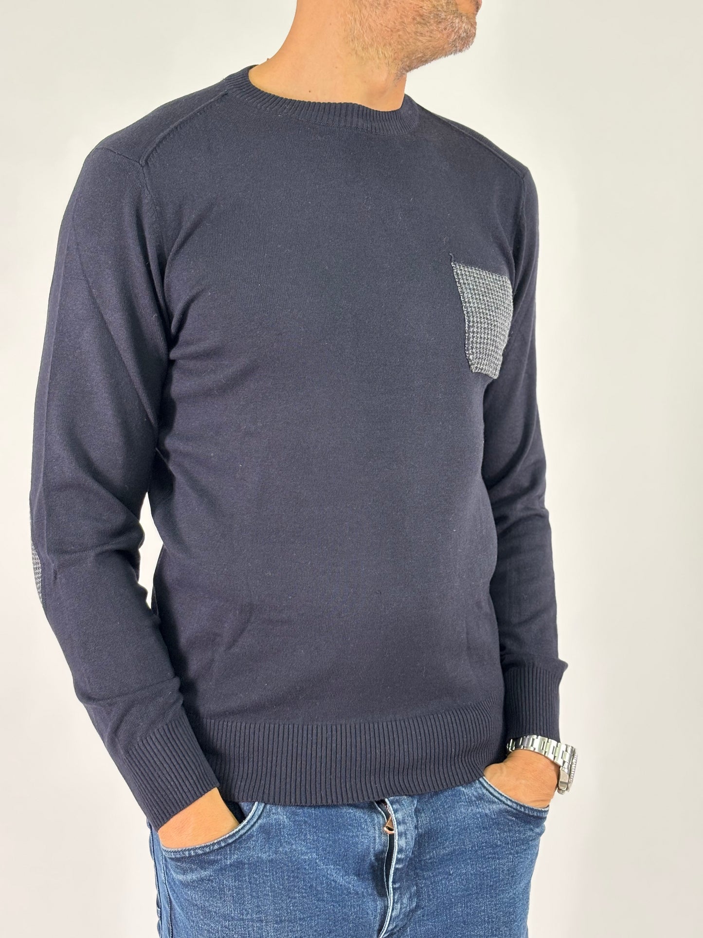 Loft88 Maglia girocollo taschino e toppe pied de poule BLU