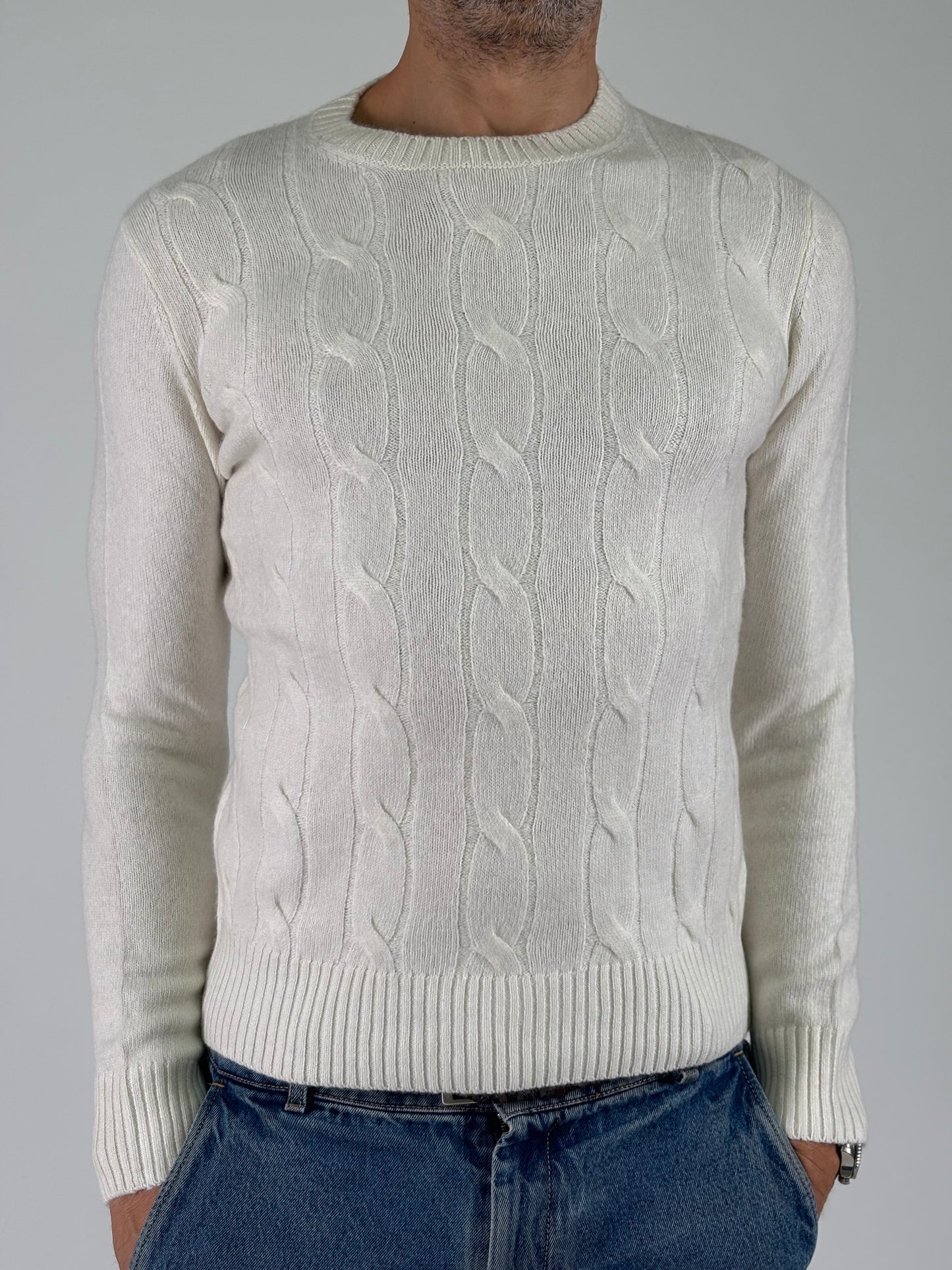 Loft88 Maglia girocollo trama trecce lana/cashmere PANNA