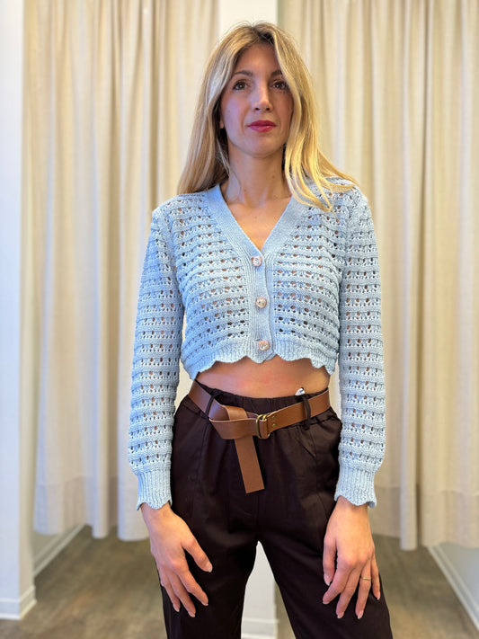 Susy Mix Cardigan effetto rete corto AZZURRO
