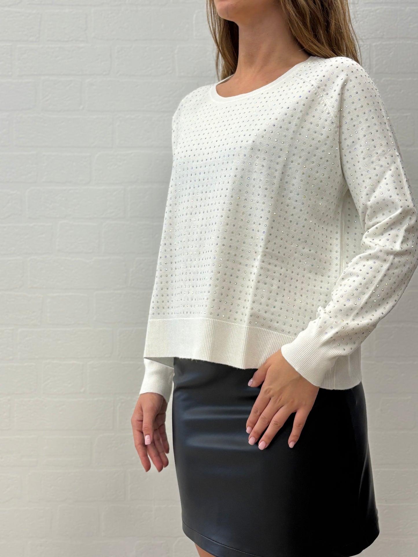 Griffai Maglia  ml girocollo con strass colorati PANNA