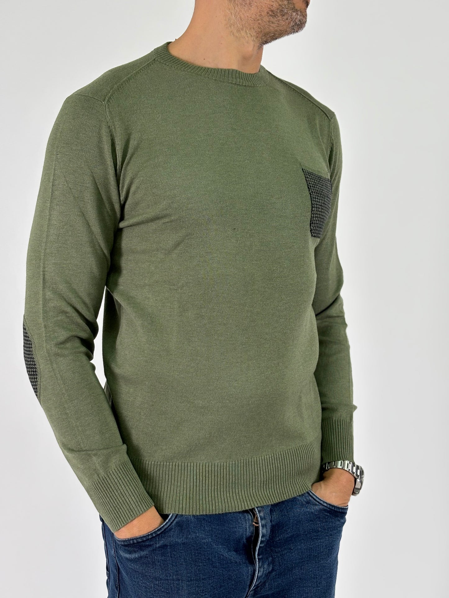Loft88 Maglia girocollo taschino e toppe pied de poule VERDE