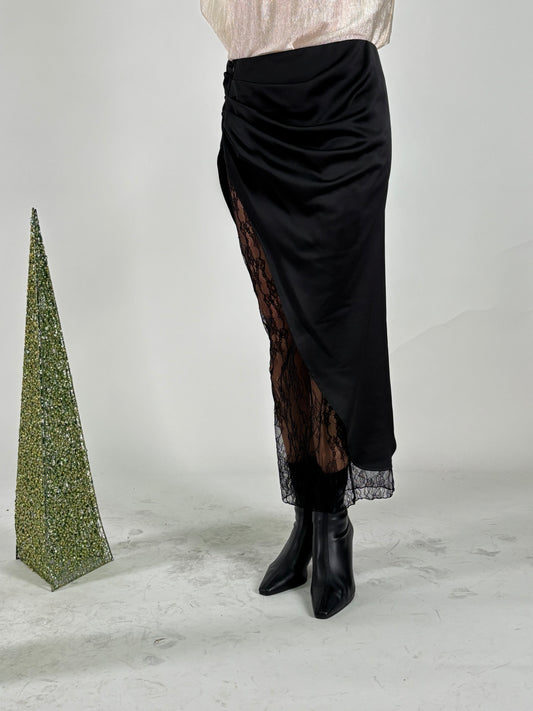 Haveone Gonna lunga in pizzo+sottogonna asimmetrico NERO