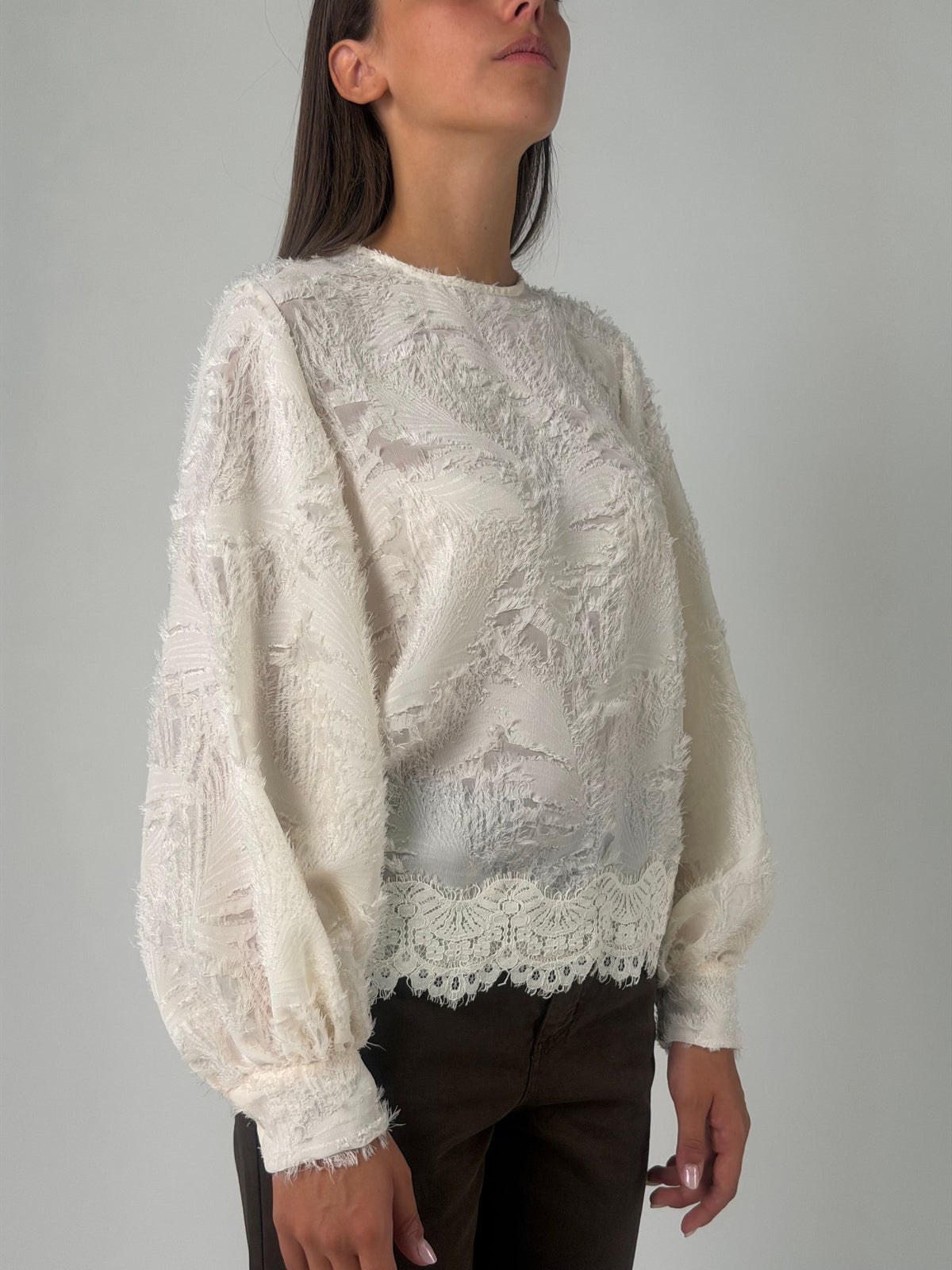 Blusa ml jacquard con pizzo