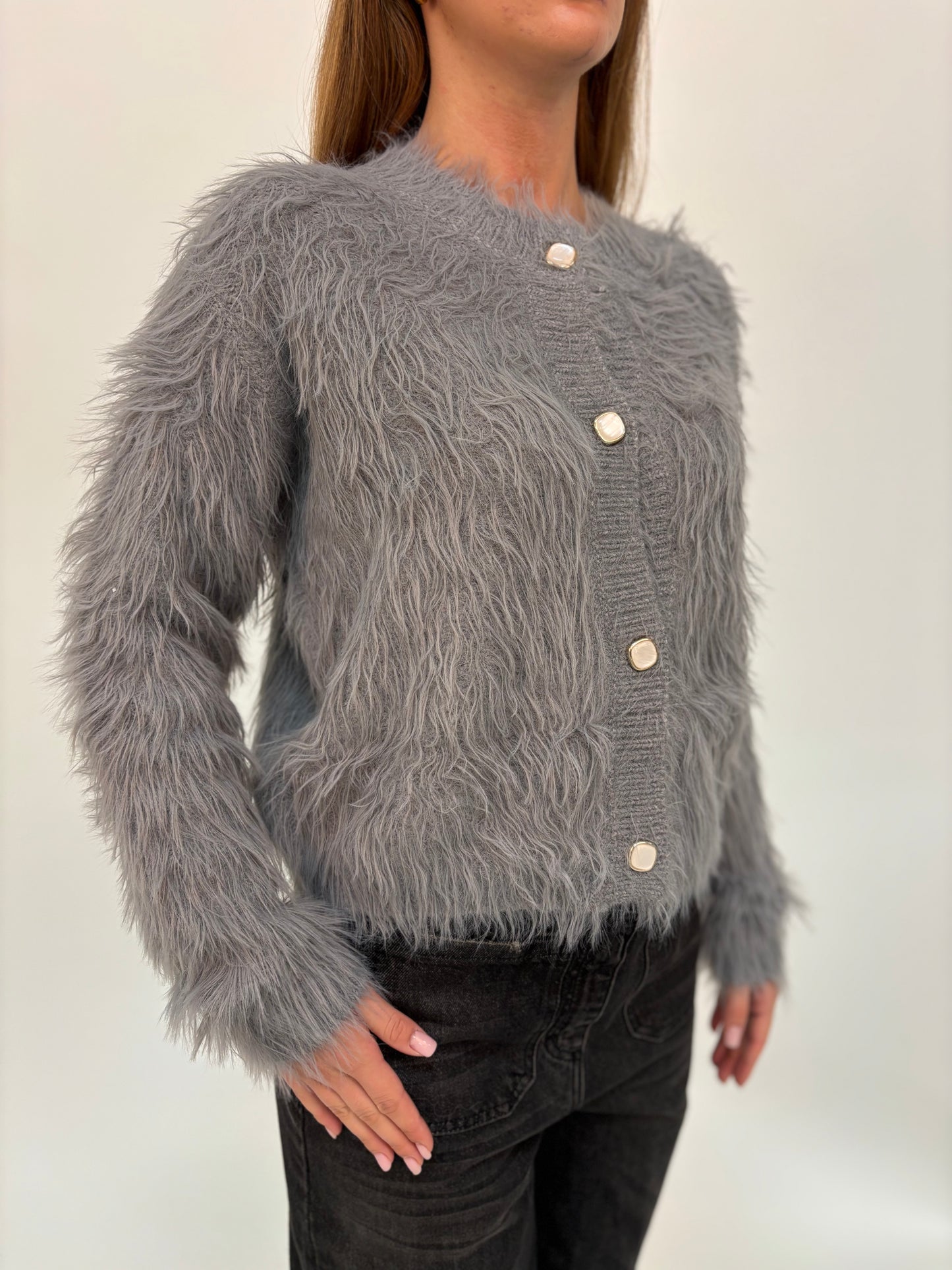 Molly Bracken Cardigan corto girocollo peluche GRIGIO