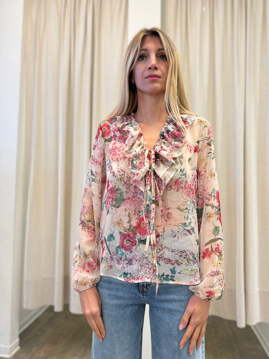 Susy Mix Blusa con rouches fantasia floreale BEIGE/FUCSIA
