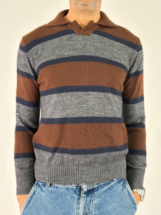 Retois Polo ml a righe in lana MARRONE/GRIGIO/BLU