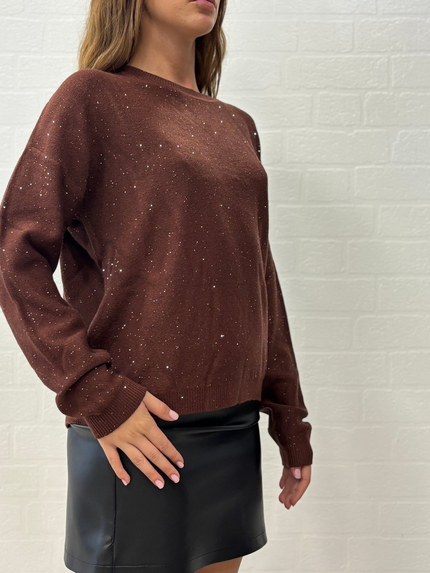 Griffai Maglia over girocollo ml con paillettes argento MARRONE