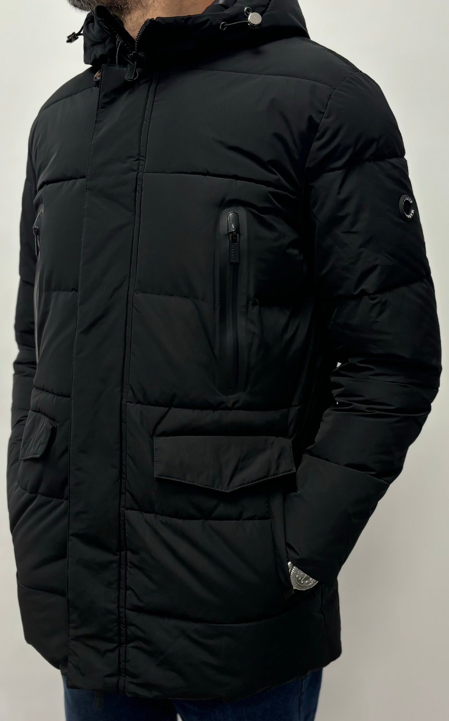 Markup Parka in vera piuma 3/4 con cappuccio NERO