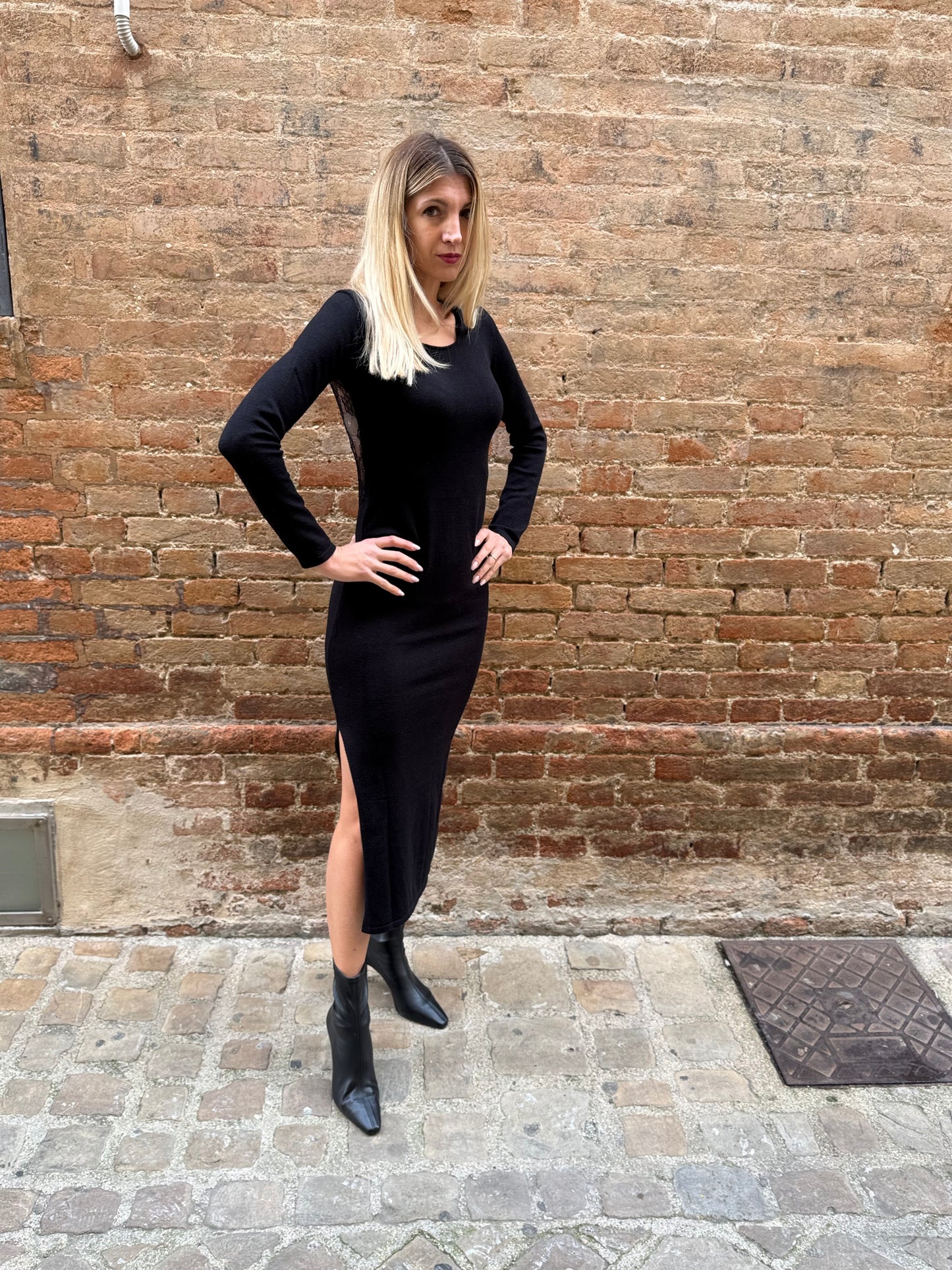Haveone abito in maglia lungo pizzo dietro NERO