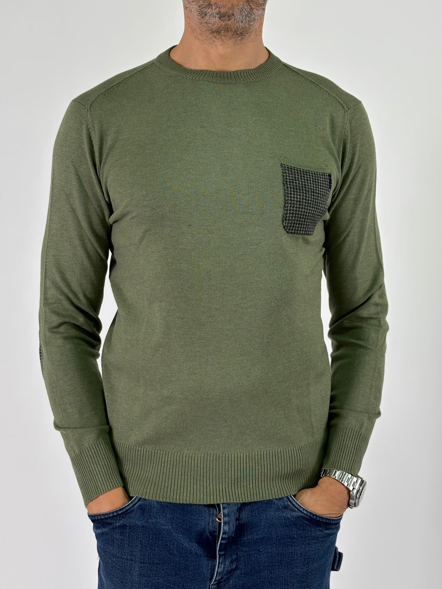 Loft88 Maglia girocollo taschino e toppe pied de poule VERDE