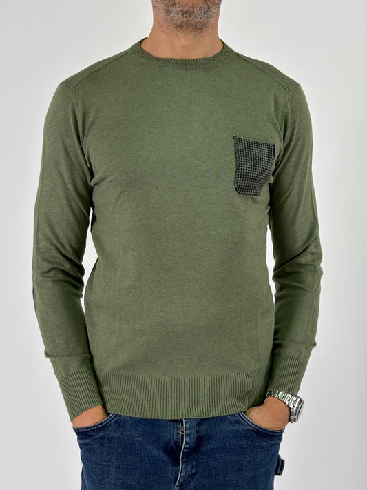 Loft88 Maglia girocollo taschino e toppe pied de poule VERDE