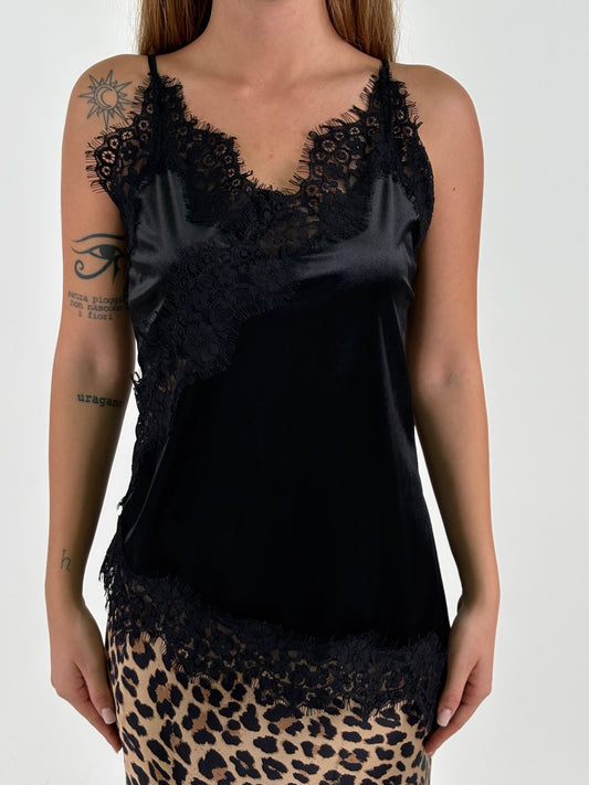 Tensione In Canotta asimettrica in velluto e pizzo nero NERO