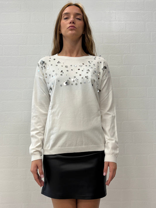 Griffai Maglia girocollo ml con paillettes e strass PANNA