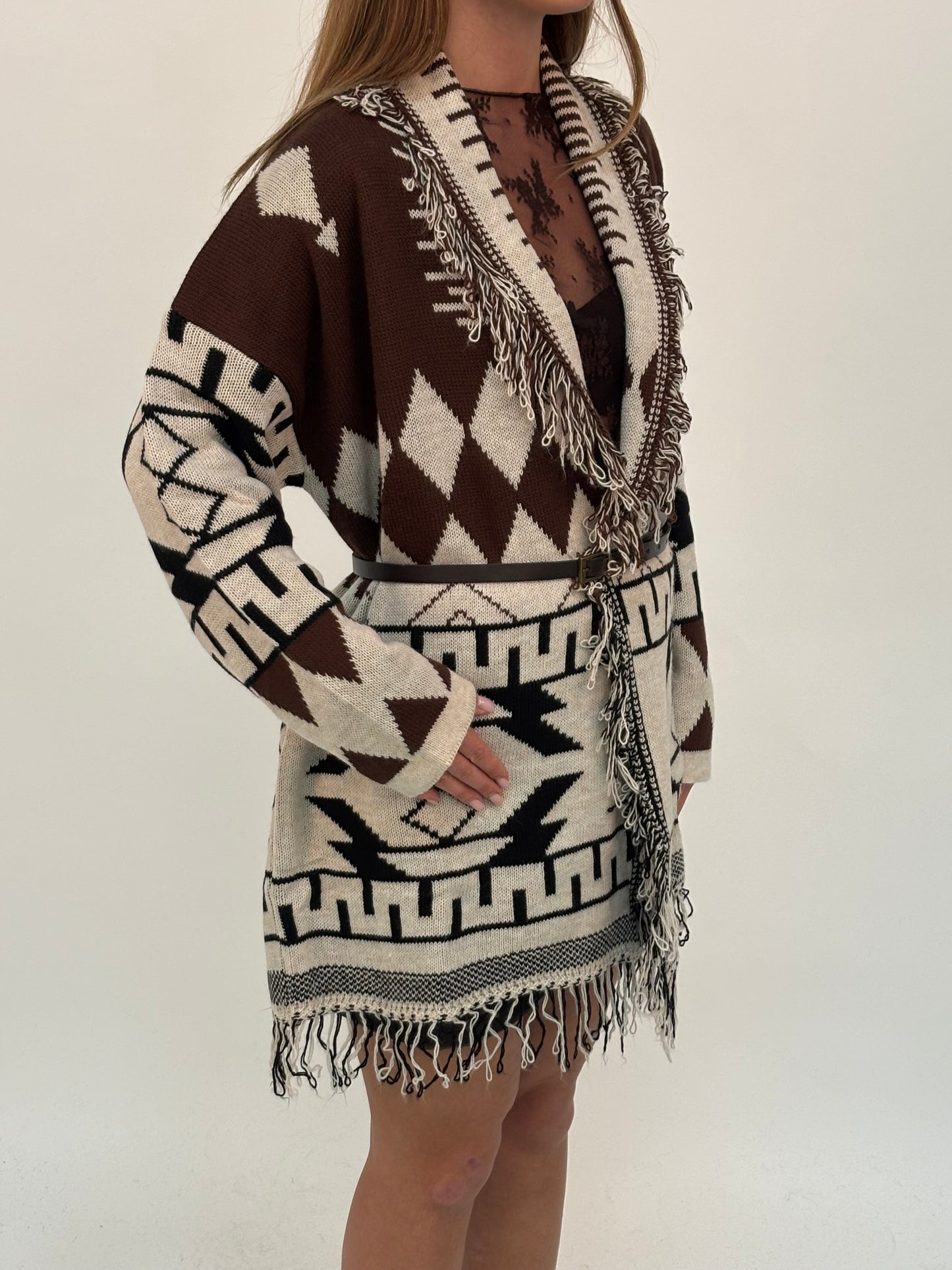 Susy Mix Cardigan etnico con frange NERO/PANNA/MARRONE