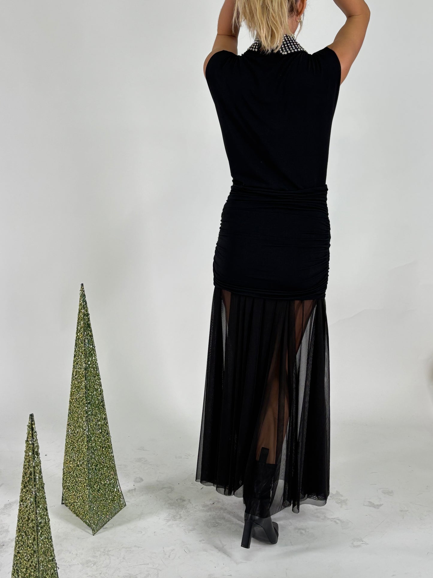 Haveone Abito lungo con colletto di strass staccabile NERO