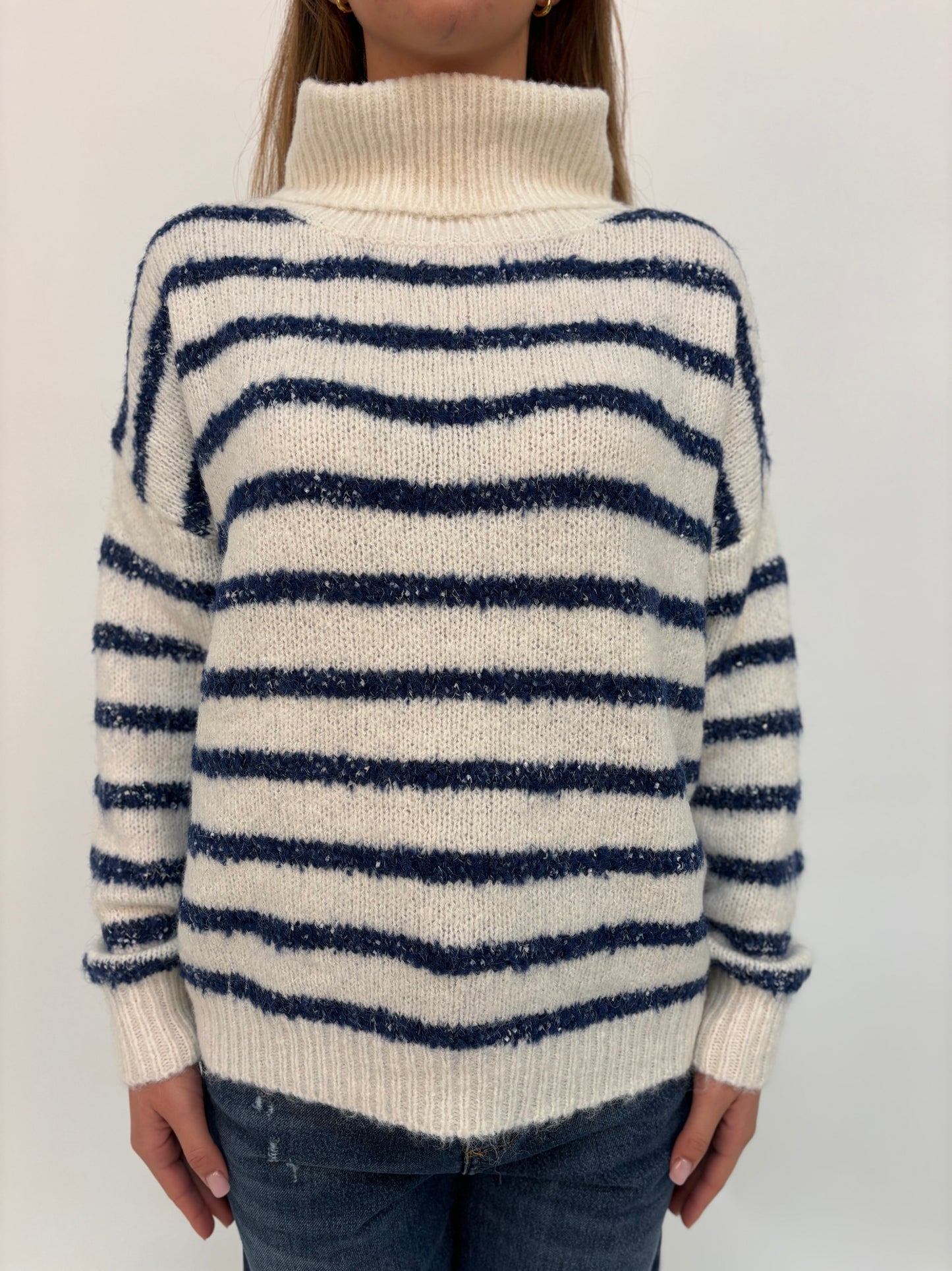 Molly Bracken Maglia collo alto righe orizzontali blu PANNA