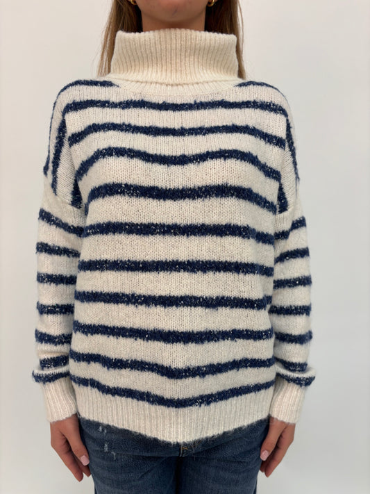 Molly Bracken Maglia collo alto righe orizzontali blu PANNA