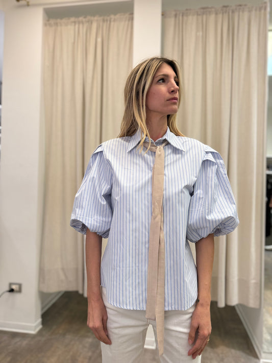 Haveone camicia manica 3/4 arricciata con fiocco RIGATOCELESTE