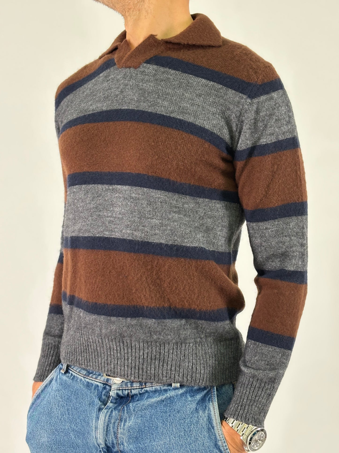 Retois Polo ml a righe in lana MARRONE/GRIGIO/BLU