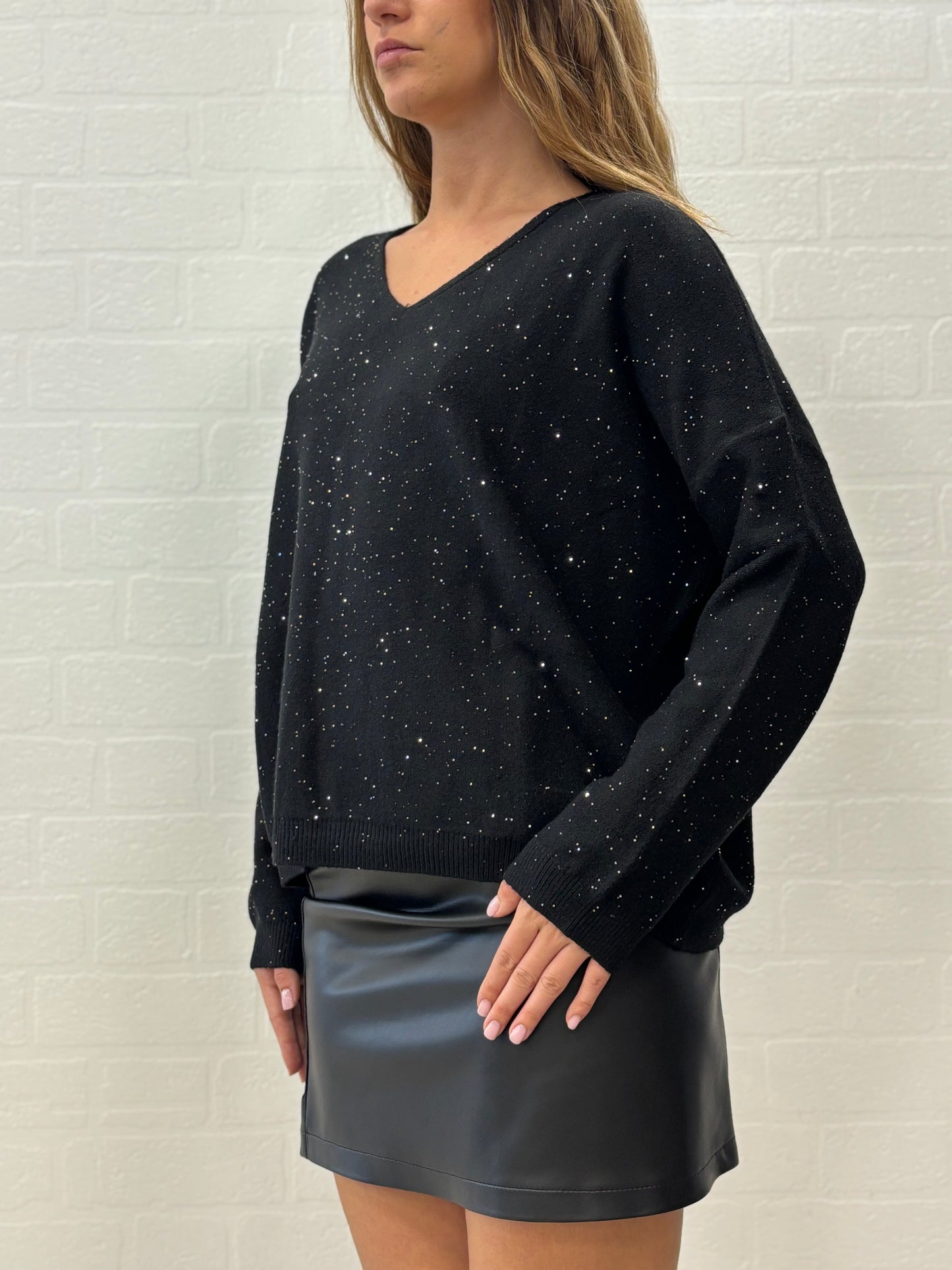 Griffai Maglia over con paillettes argento collo V NERO