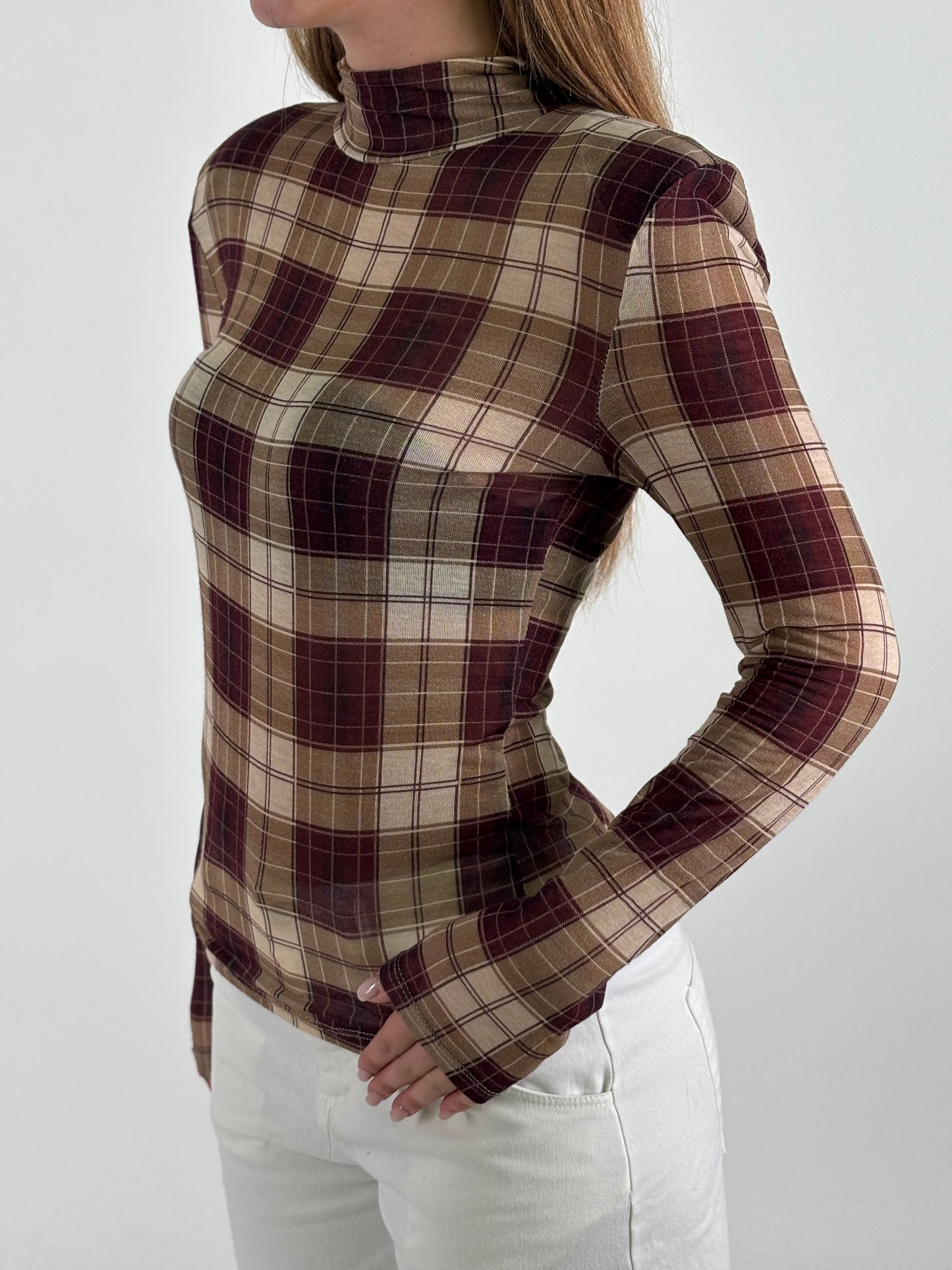 Haveone Maglia ml con collo a scacchi BEIGE/BORDEAUX