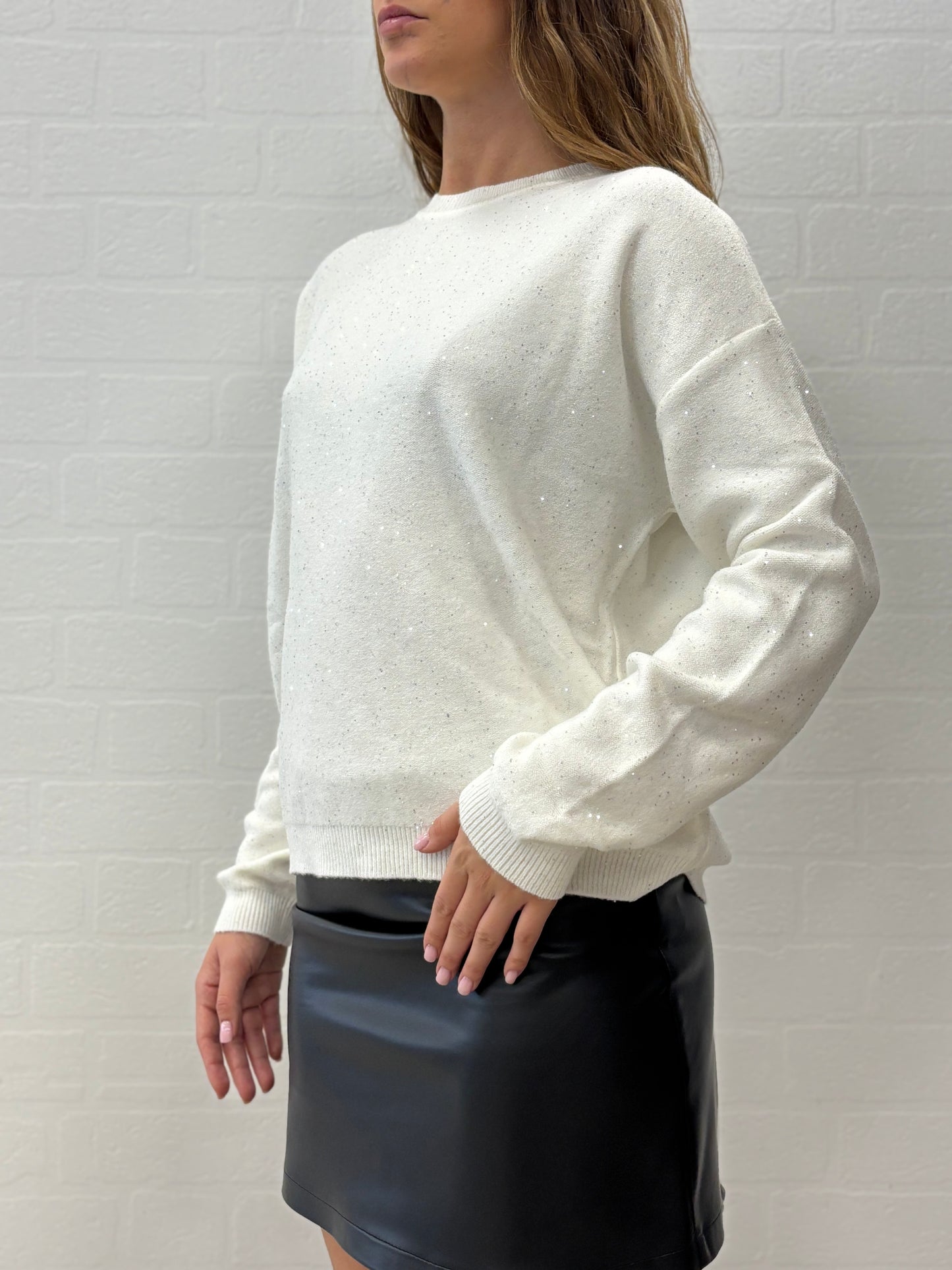 Griffai Maglia over girocollo ml con paillettes argento PANNA