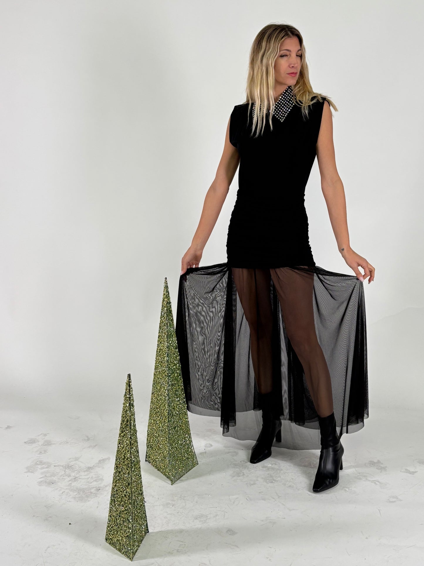 Haveone Abito lungo con colletto di strass staccabile NERO