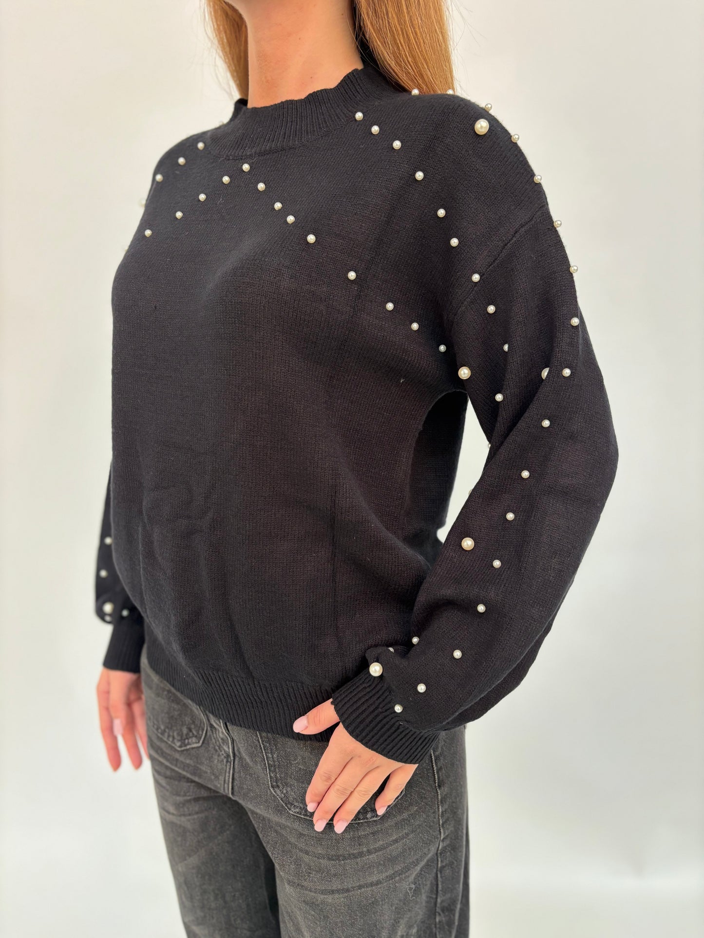 Maglia girocollo ml con perle NERO