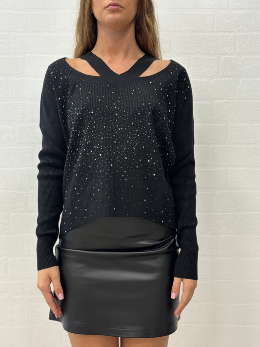Griffai Maglia scollo V con aperture e punti luce NERO