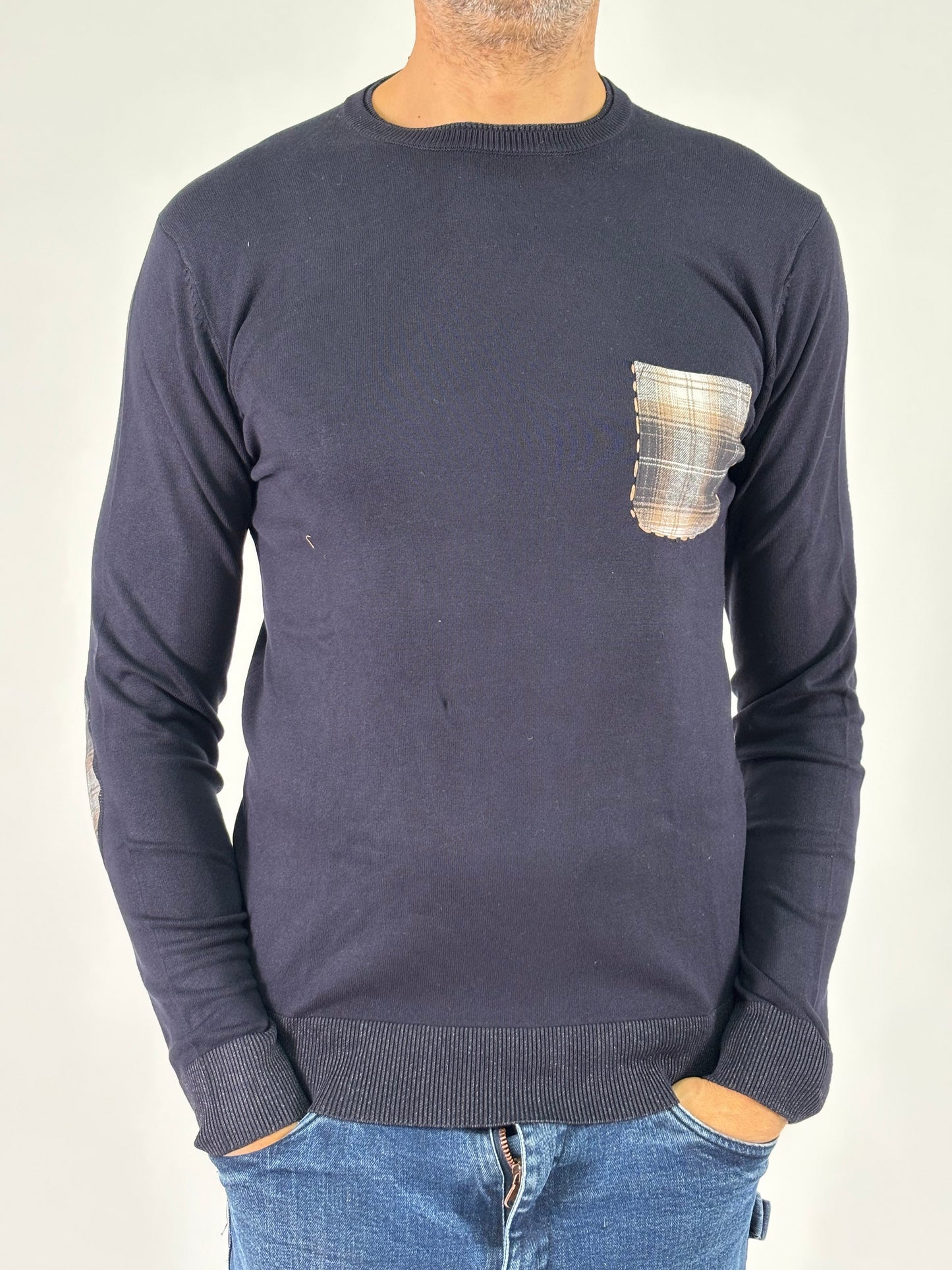 Loft88 Maglia girocollo con taschino e toppe a scacchi BLU