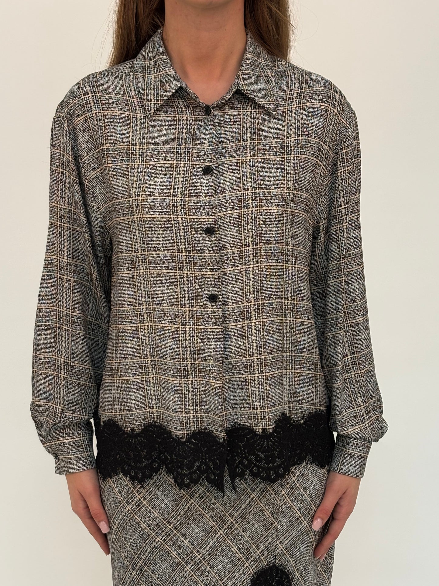 Haveone Camicia ml over con pizzo nero SCACCO NERO/BEIGE/PANNA