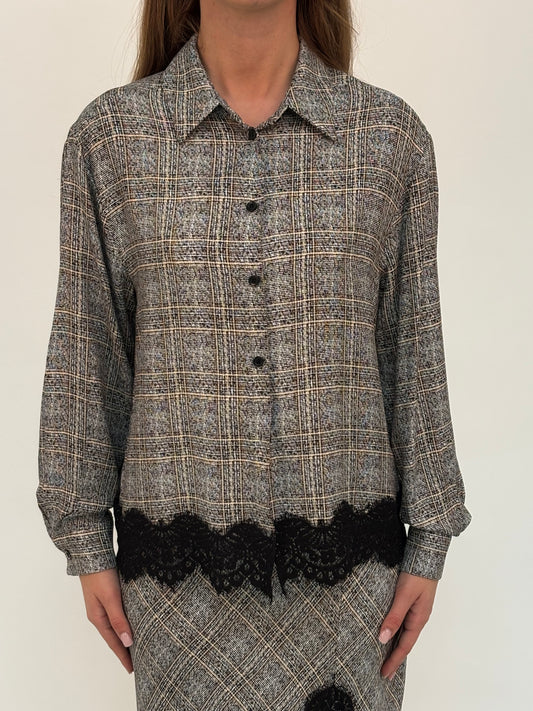 Haveone Camicia ml over con pizzo nero SCACCO NERO/BEIGE/PANNA