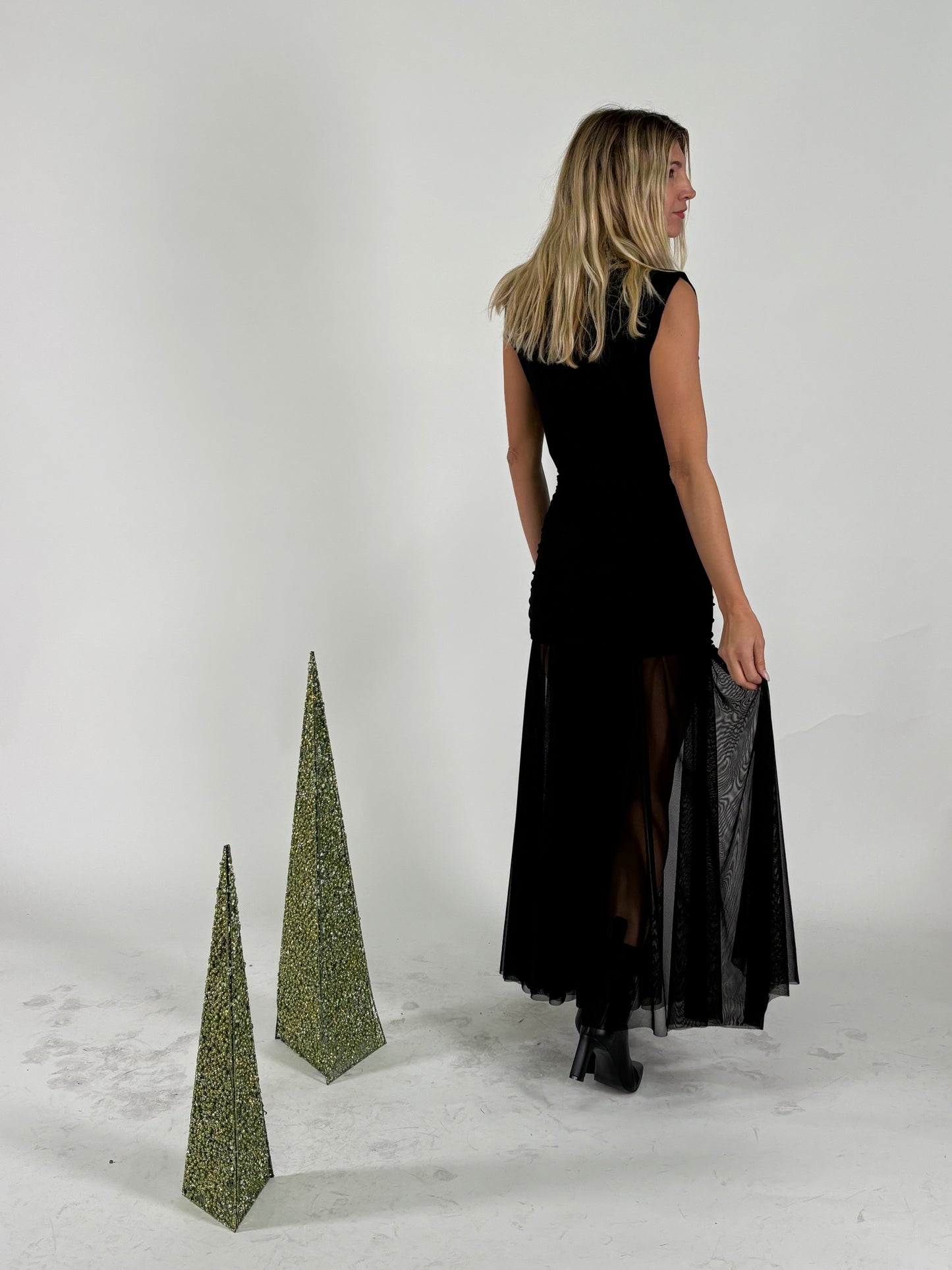 Haveone Abito lungo con colletto di strass staccabile NERO