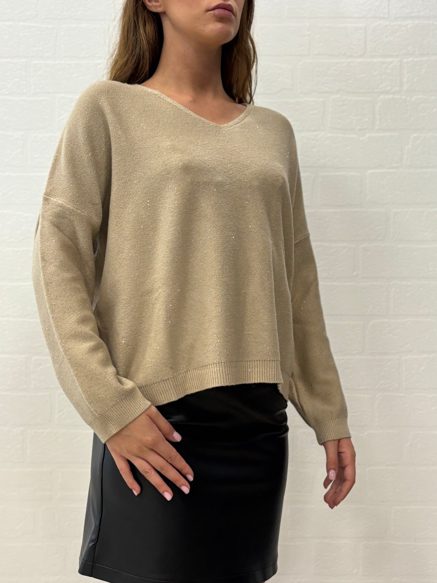 Griffai Maglia over con paillettes argento collo V BEIGE