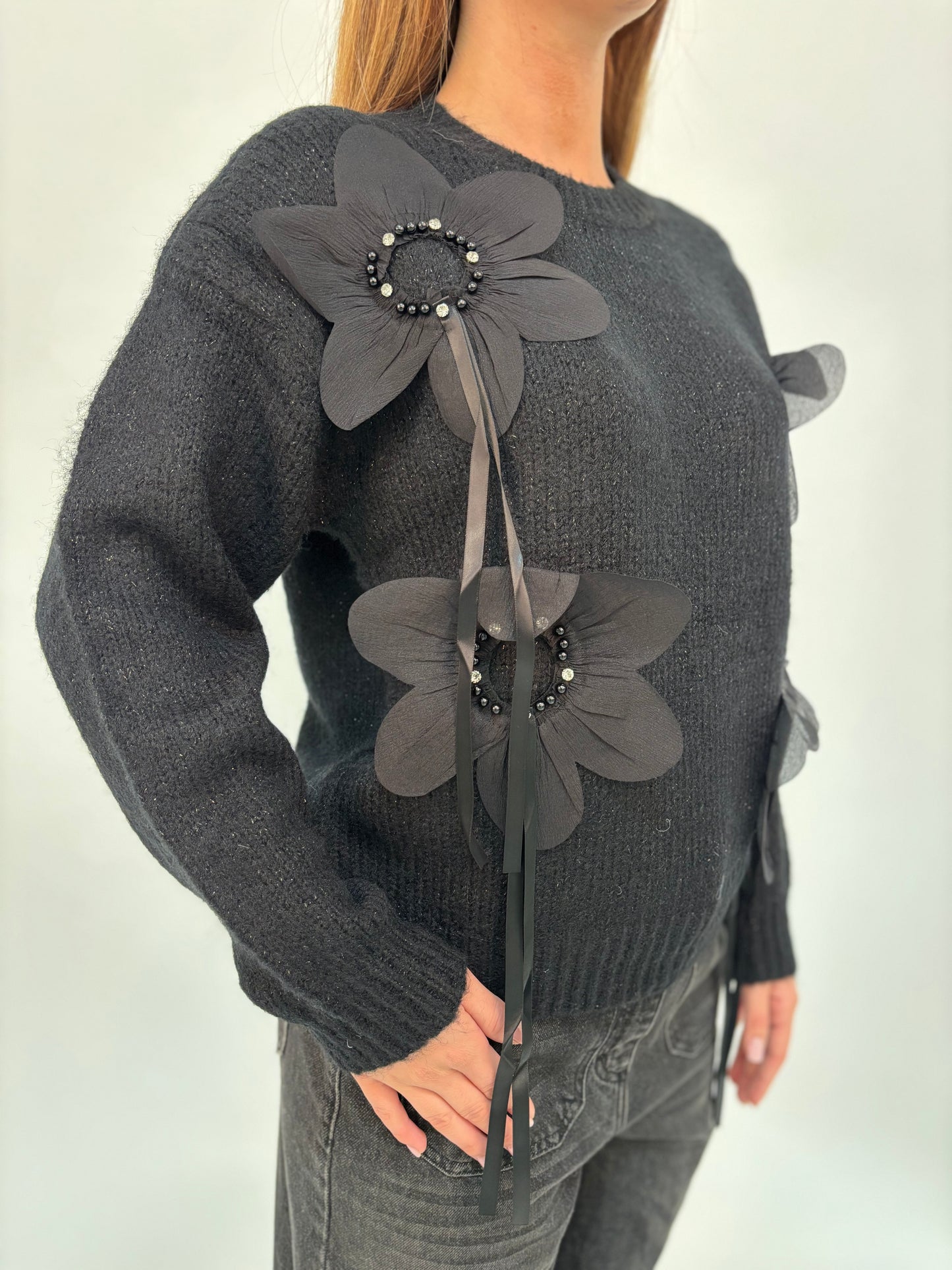 Molly Bracken Maglia ml con applicazione fiori NERO