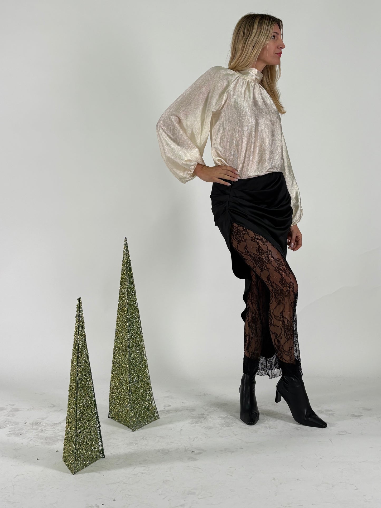 Haveone Gonna lunga in pizzo+sottogonna asimmetrico NERO