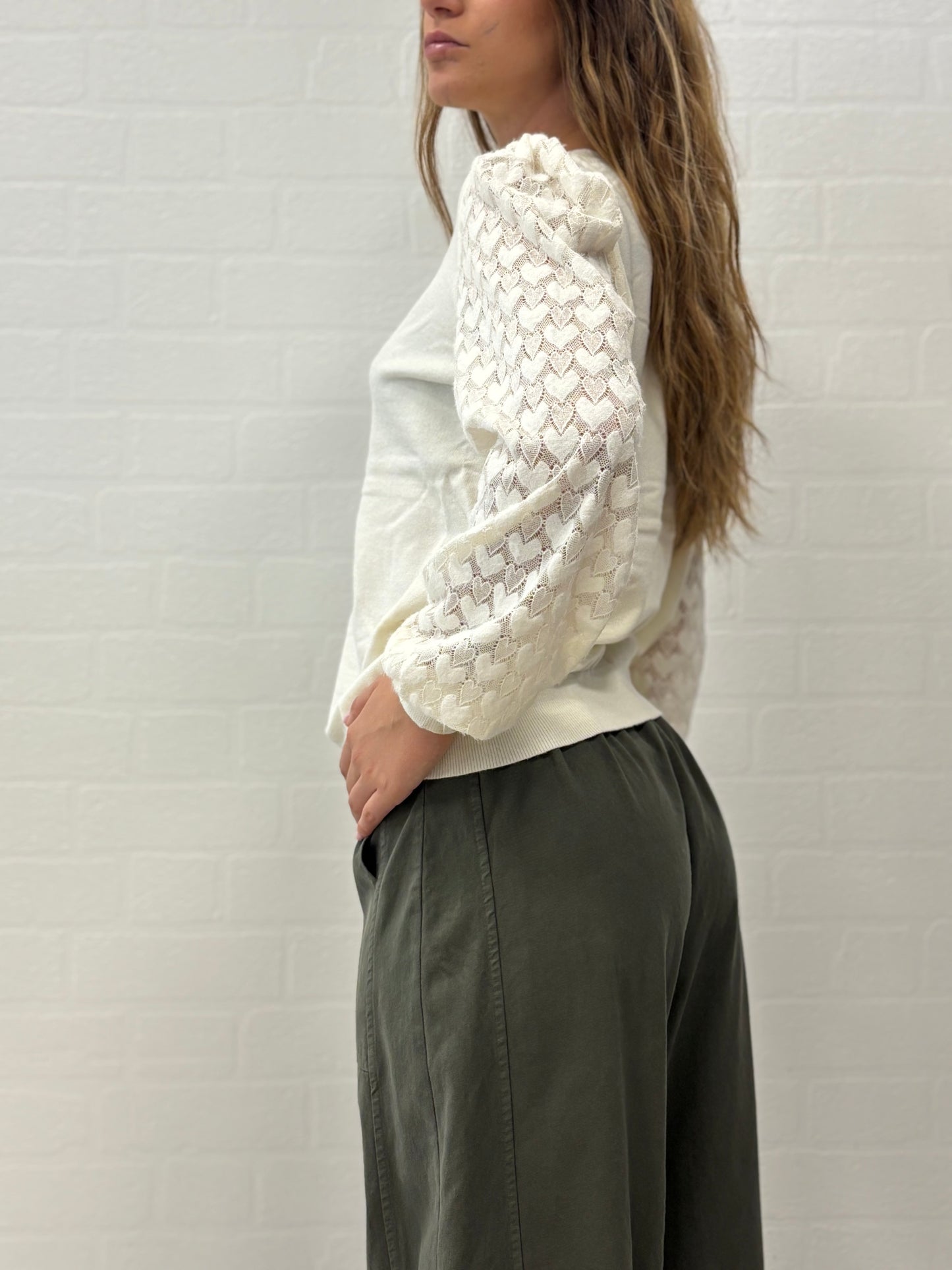 Molly Bracken maglia girocollo cn ml in pizzo PANNA