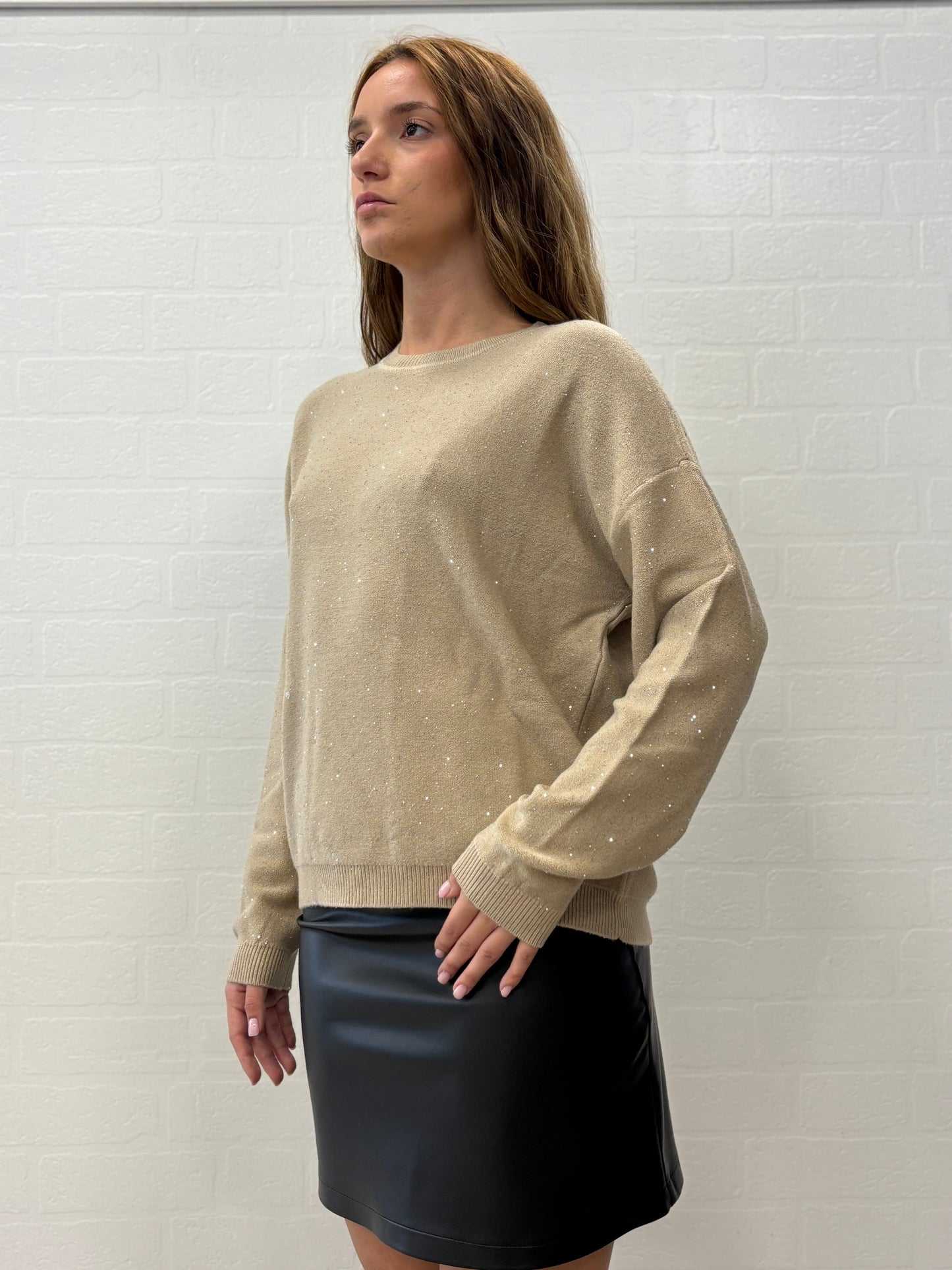 Griffai Maglia over girocollo ml con paillettes argento BEIGE