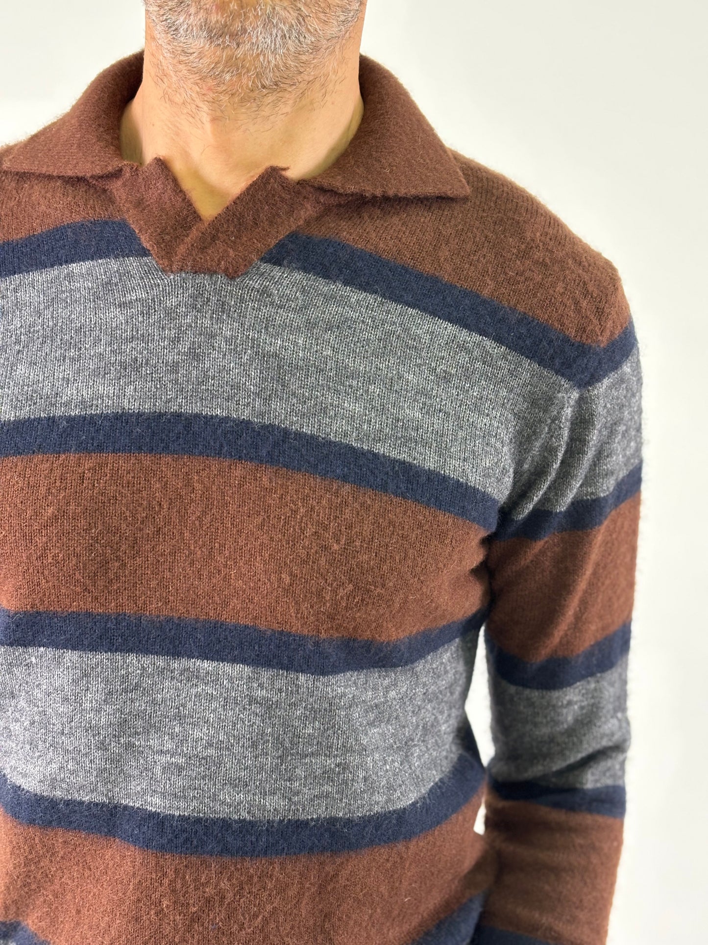 Retois Polo ml a righe in lana MARRONE/GRIGIO/BLU