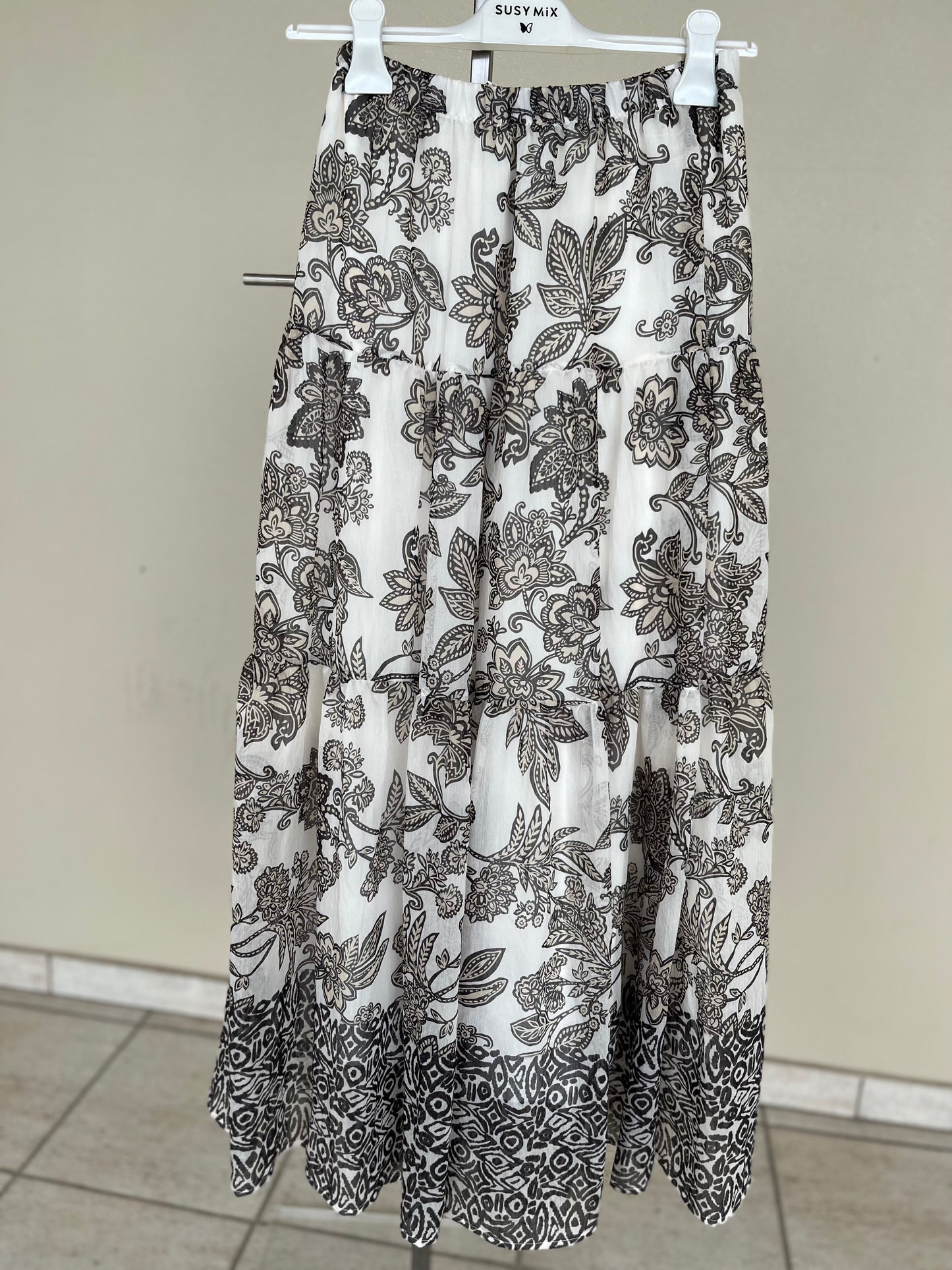 Susy mix gonna mussola cotone fantasia NERO