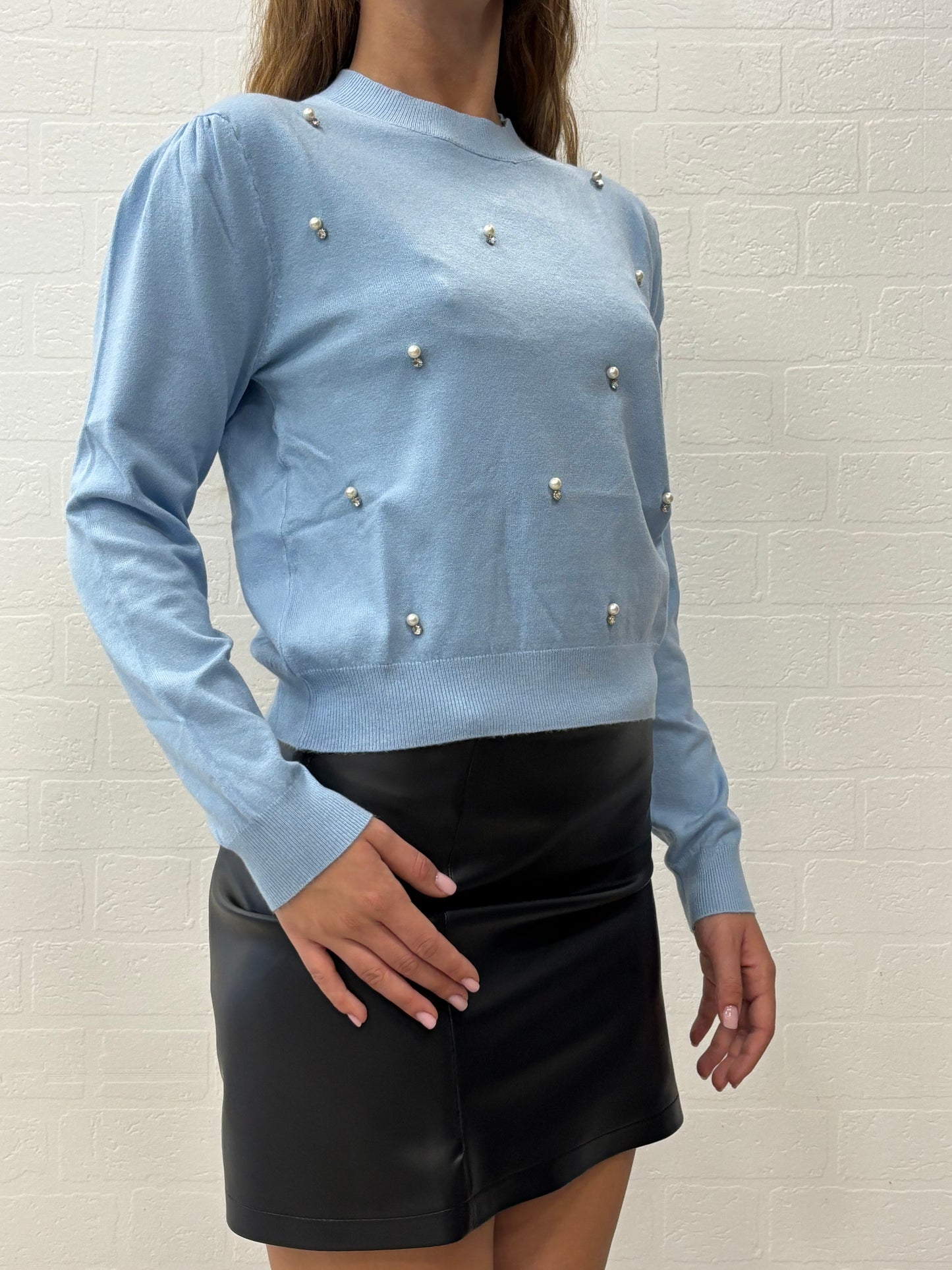 Griffai Maglia ml sbuffo con perle e strass CELESTE