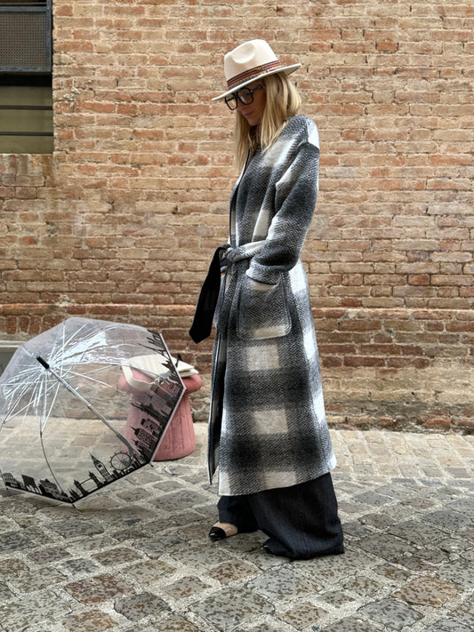 Merci Cappotto scollo tondo in lana a scacchi BIANCO/NERO