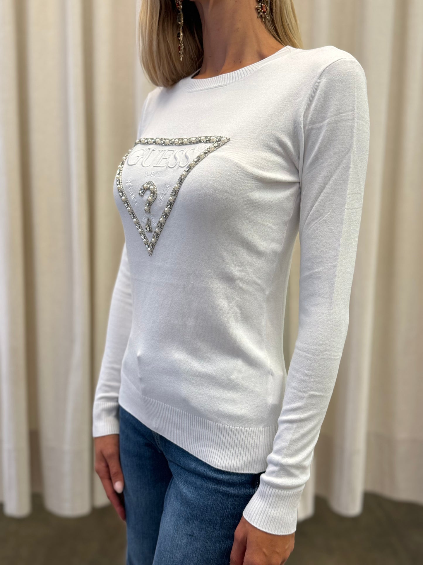 Guess Maglia girocollo con logo frontale con strass BIANCO