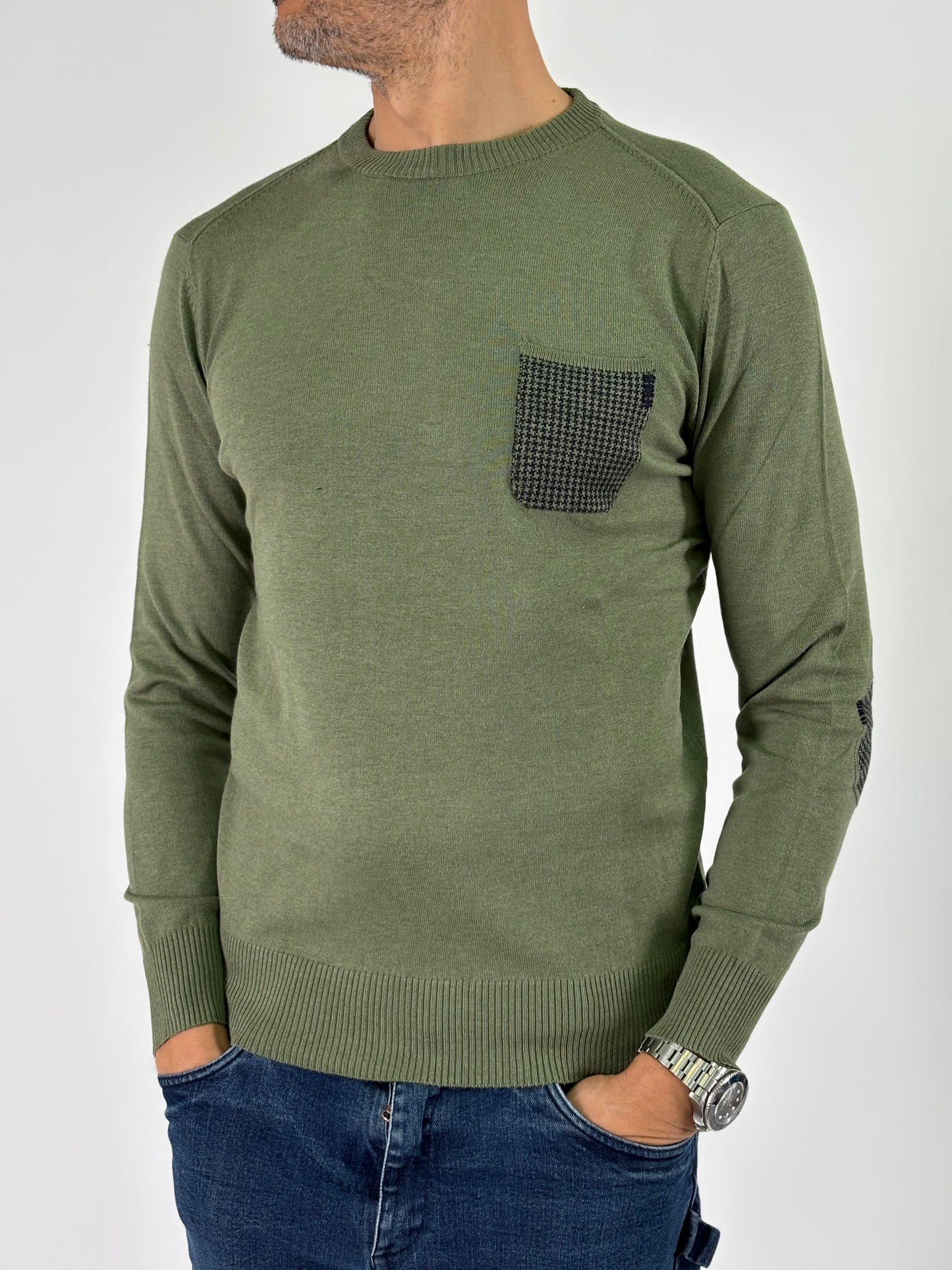 Loft88 Maglia girocollo taschino e toppe pied de poule VERDE