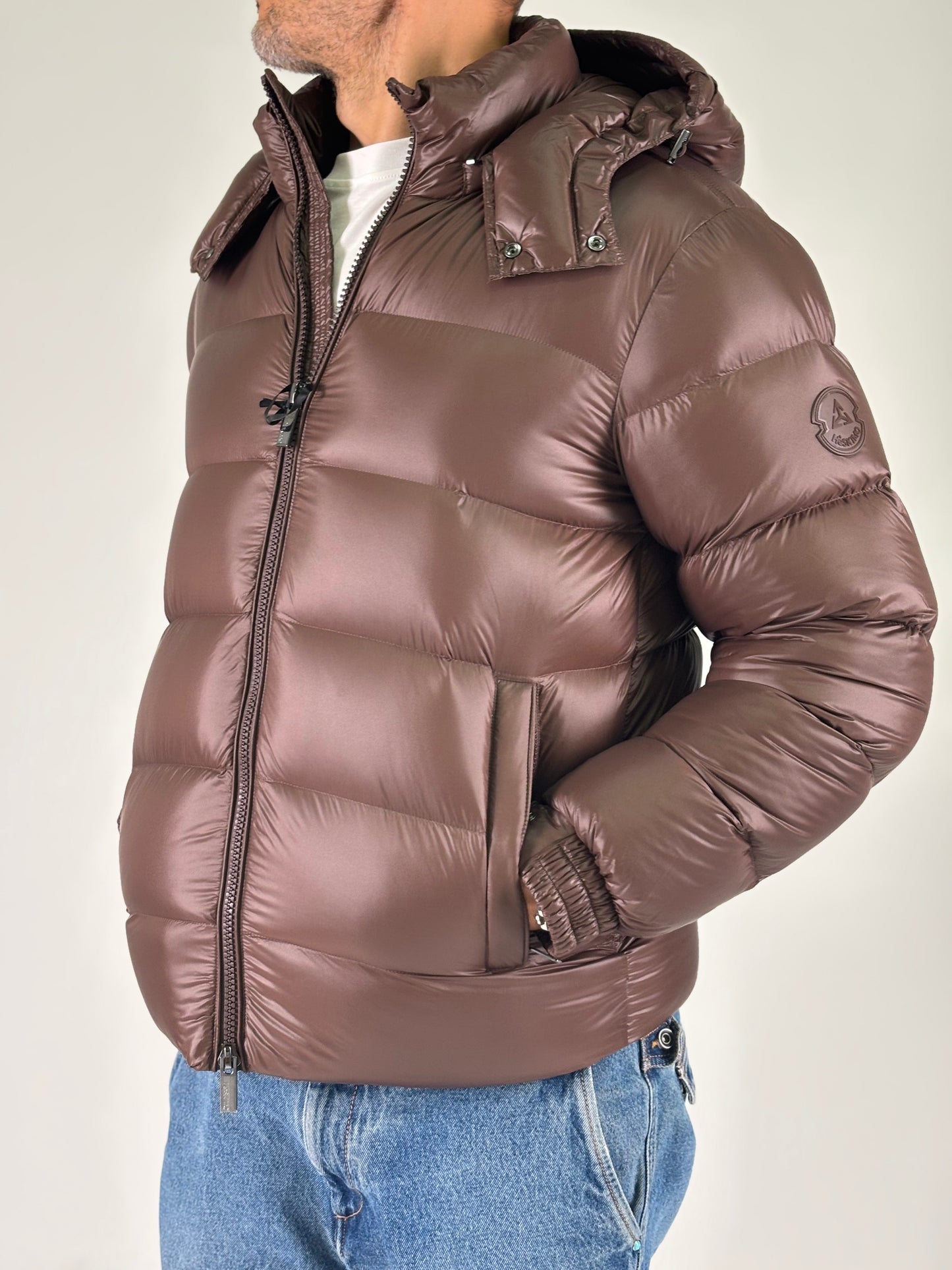 Heskimo piumino corto con cappuccio vera piuma d'oca MARRONE