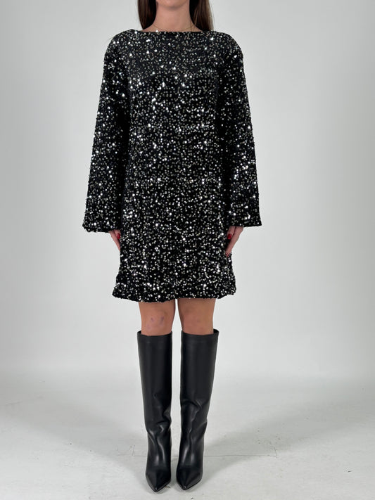 Aglaea Abito corto girocollo ml in paillettes argento NERO